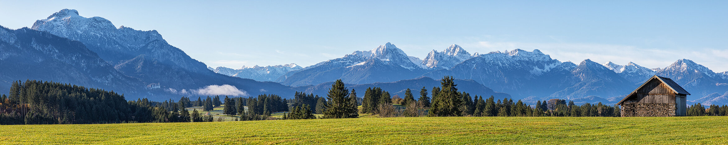 Ausblick von einer saftigen grünen Wiese mit Blick auf verschneite Bergspitzen und Blick auf das Schloss Neuschwanstein in herrlicher Lage