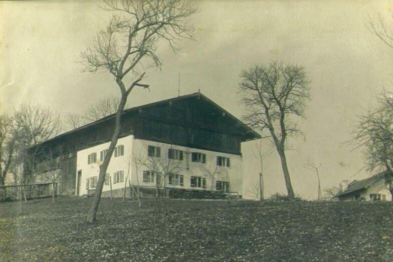 altes Bauernhaus auf einer Wiese und großen Bäumen im Vordergrund