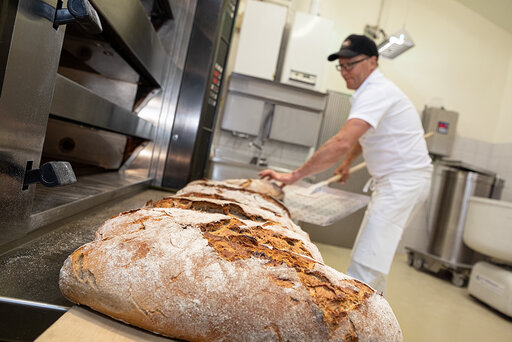 feiner leckeres und knuspriges Sauerteigbrot frisch aus dem Ofen in der Bäckerei