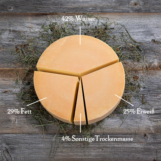 Ein Laib Käse aufgeteilt in Stücke mit Erklärungen dazu, was im Käse alles steckt