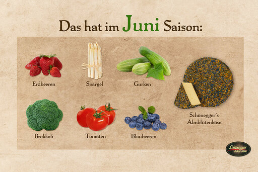 verschiedenes Obst, Gemüse und Käse für den Monat Juni