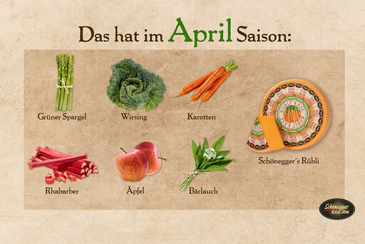 Saisonales Obst, Gemüse und Käse für den Monat April
