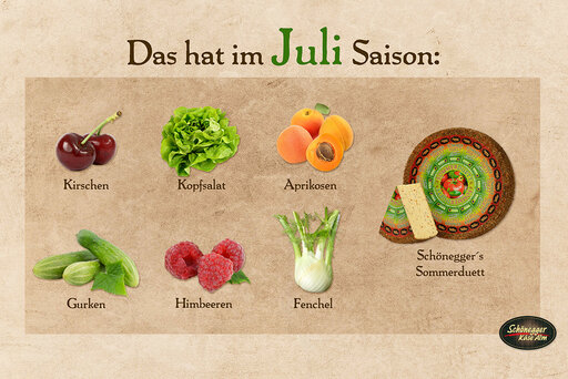 Saisonkalender mit verschiedenem Obst, Gemüse und Käse für den Monat Juli